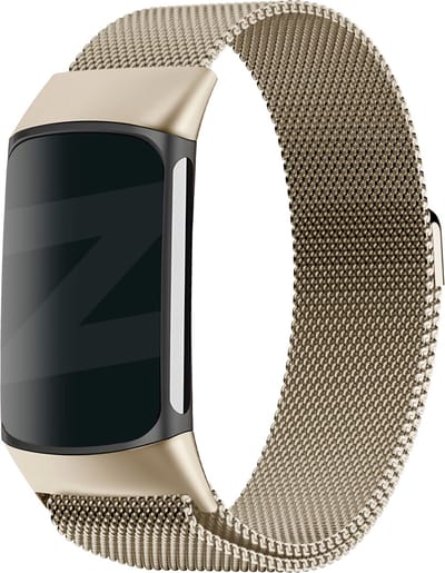 Bandz Milanese loop band geschikt voor Fitbit Charge 5 - Hoogwaardig gevlochten stalen materiaal - Milanees bandje met magneetsluiting - champagne