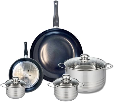 Set van 2 Koekenpannen 20 en 32 cm en 3 kookpotten 12, 14 en 24 cm Elo Prima Brillant