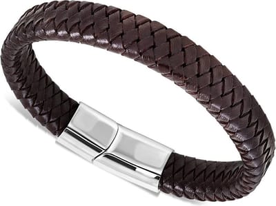 Amanto Armband Djoy - 316L Staal - Leer - Gevlochten - 12mm - 22cm