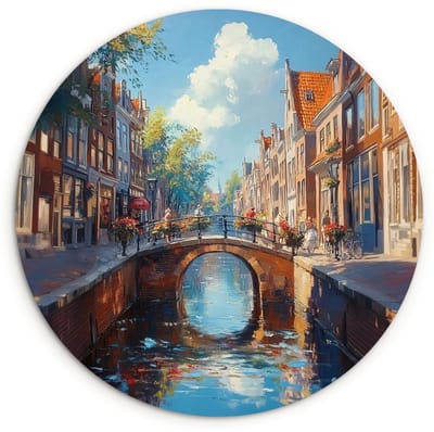 WallCircle® Wandcirkel 120x120 cm - Muurcirkel Stad - Gracht - Zon - Fietsen - Muurdecoratie woonkamer - Wanddecoratie slaapkamer - Kamer decoratie accessoires - Ronde schilderijen XXL
