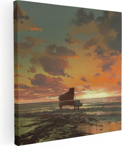 Artaza Canvas Schilderij Zeezicht Piano - 30x30 cm - Klein - Wanddecoratie Zonsondergang - Muurdecoratie Strand - Kamer Accessoires