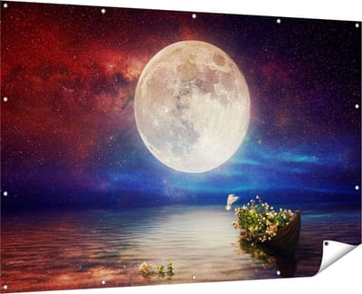 Gards Tuinposter Volle Maan in de Hemel boven het Water - 180x120 cm - Tuindoek - Tuindecoratie - Wanddecoratie buiten - Tuinschilderij