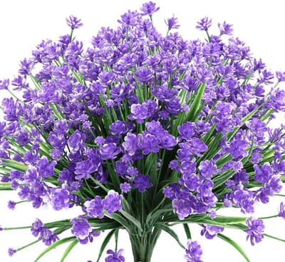 Bos van 6 kunstmatige nepbloemen - geschikt voor buiten - UV-bestendig plastic imitatie groene planten struiken planten - tuin tuin - lente binnen en buiten huis bruiloft vaas pot decoratie (paars)