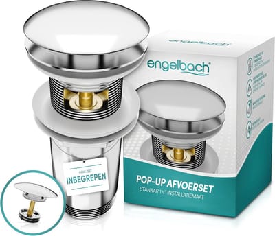 Universeel afvoergarnituur voor wastafels met overloop - Pop-up systeem incl. 4 afdichtingen - Chroom afvoerventiel
