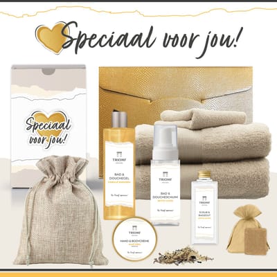 Geschenkset “Speciaal voor jou!” - 9 producten - 1940 gram - Triomf Cosmetica | Giftset voor haar Cadeau Valentijn Vriendin Luxe Wellness Cadeaubox Vrouw Cadeaupakket Kerst Kerstpakket Geschenk Moeder Moederdag Pakket Verjaardag Gift Set Geel Beige