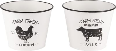 Dekoratief | Bloempot m/kip/koe 'Farm Fresh', metaal, 14x11x10cm, set van 2 stuks | A240245