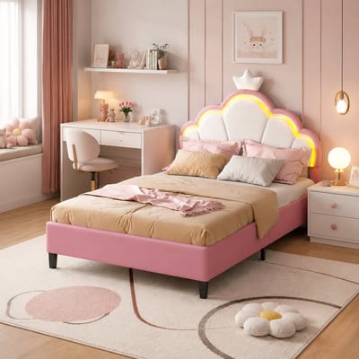 Kinderbed 90x200 cm, eenpersoonsbed, met ledverlichting en verstelbaar hoofdeinde, kroonpatroon, meisjesbed, bedframe - Flanel Roze (matras niet inbegrepen)