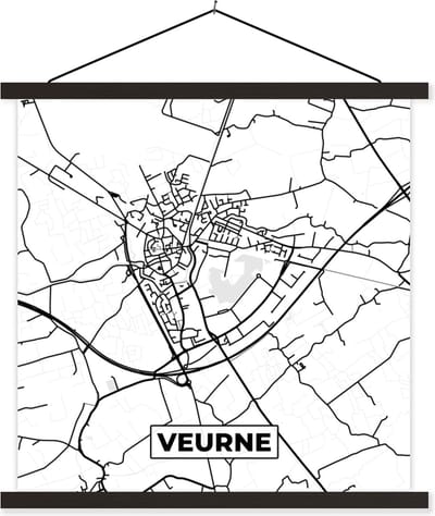 Posterhanger incl. Poster 60x60 cm - Schoolplaat - Zwart Wit – België – Plattegrond – Stadskaart – Kaart – Veurne - Textielposter - Zwarte latten - Stadskaart