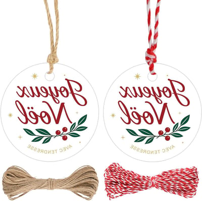 Set van 100 Kerst Cadeautags in het Frans: Ronde Kraft Papieren Labels 5.5 cm voor Geschenken, Ambachten en Versieringen met Hulst Ontwerpen