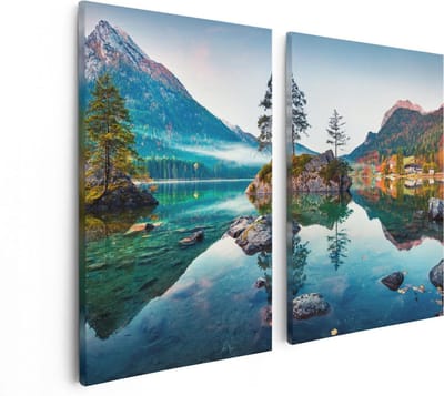Artaza Canvas Schilderij Tweeluik Meer In De Bergen Tijdens De Herfst - 80x60 - Foto Op Canvas - Canvas Print