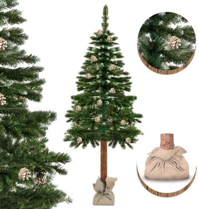 Kunstkerstboom - 180 cm - Met Houten Stam, Sneeuw en Dennenappels - Groen