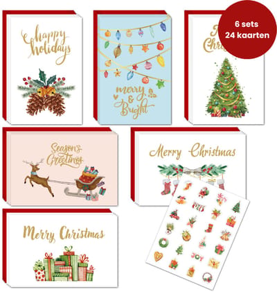 Kleurrijke Kerstkaarten – 6 sets, 24 kaarten – met enveloppen en sluitstickers – Perfect voor Familie & Vrienden