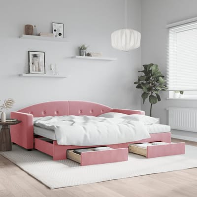 vidaXL - Slaapbank - met - onderschuifbed - en - lades - 90x200 - cm - fluweel - roze