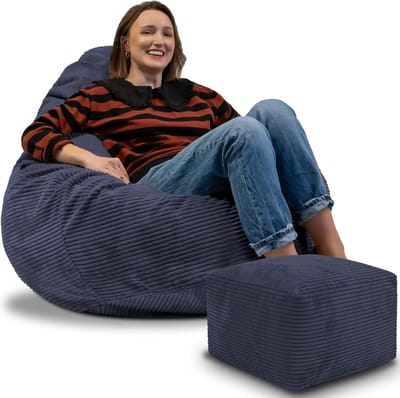 DreamRoots Zitzak voor Volwassenen of Kinderen – Corduroy Beanbag met Voetsteun en Afneembare Hoes – Inclusief Vulling – 90x90x100 cm – Blueberry Pie
