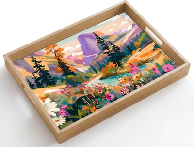 Dienblad hout 50x35 cm - Schootdienblad - Rivier - Vallei vol bloemen - Levendig - Borrelplank rechthoek - Plateau dienbladen