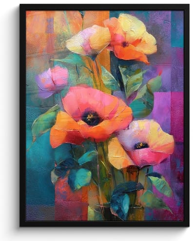 Poster in lijst - Fotolijst 50x70 cm - Posters - Geometrische kleurvlaken - Modern - Fantasiebloemen - Posterlijst zwart - Decoratie - Wanddecoratie woonkamer - Muurdecoratie slaapkamer