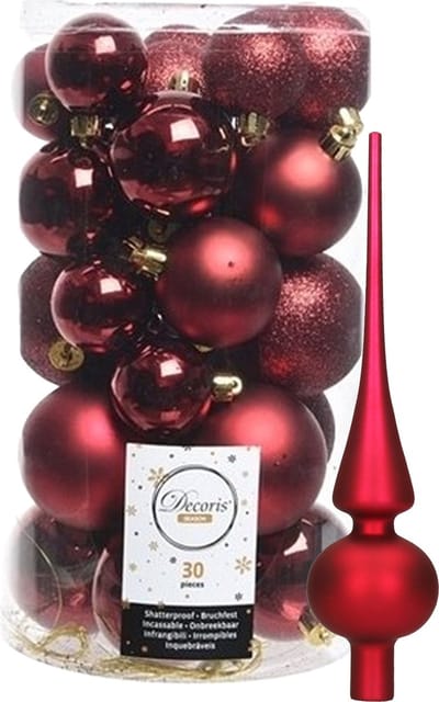Decoris kerstballen 30x stuks - donkerrood 4/5/6 cm kunststof mat/glans/glitter mix en mat glazen piek 26 cm