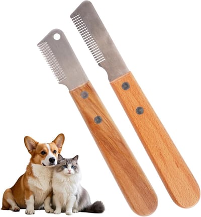 2 Stuks Trimmessen voor Honden, Trimkam Hond Met Houten Handvat, Hondenkam, Hondentrimmermes, Trimmer Hond, Professionele Strippen gereedschap, voor Katten, Honden, Konijnen (bruin)