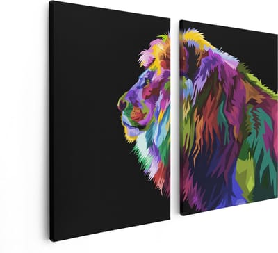 Artaza Canvas Schilderij Tweeluik Gekleurde Leeuw - Abstract - Kleur - 80x60 - Foto Op Canvas - Canvas Print