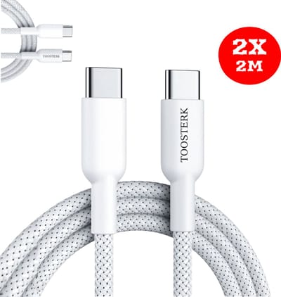 USB-C naar USB-C kabel 60W – Snelladekabel van versterkt gevlochten nylon – Snel en veilig opladen – 2 meter -2 stuks