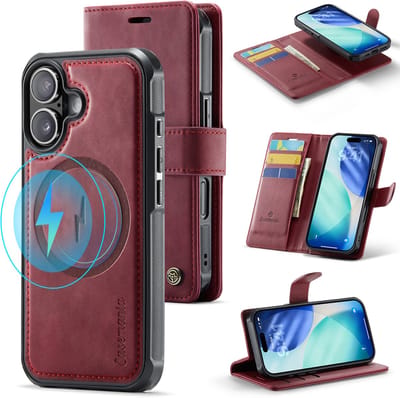 Casemania Hoesje Geschikt voor Apple iPhone 17 - Burgundy Red - Geschikt voor MagSafe - Luxe Kunstleer 2 in 1 Afneembare Bookcase - Magnetische Telefoonhoesje met Pasjeshouder en Standaardfunctie