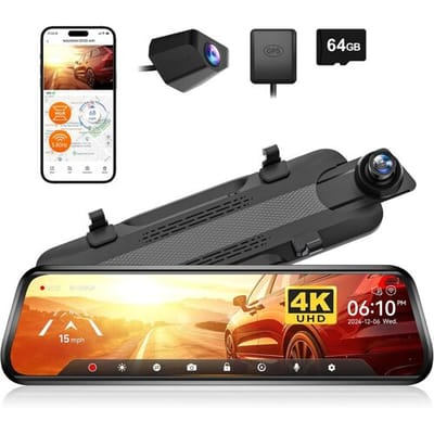 WOLFBOX G930 10-inch achteruitkijkspiegelcamera met 5,8 GHz wifi, 4K dashcam voor en achter met WDR, touchscherm, achteruitkijkspiegelcamera,