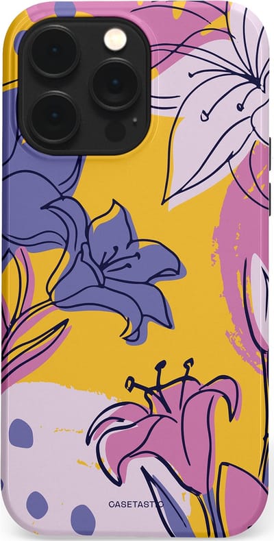 Casetastic Hoesje Geschikt voor Apple iPhone 14 Pro Max Magsafe - Stijlvolle Beschermende Duo-layer Case - Paarse Lelie Kunst