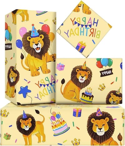 Inovra Plus - Bos Dier Cadeaupapier 6 Vellen Gelukkige Verjaardag Inpakpapier - Leeuw - Meisjes Jongens Kids Baby Shower - Kerstmis Nieuwjaar Party - 50x71 cm