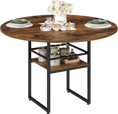 Ronde Eettafel - Keukentafel Hout - Gezellig Dineren - Met Opbergrek - 120 cm - Rustiek Bruin Zwart