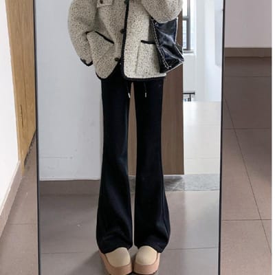 Nieuwe College Stijl Zachte Kleverige Roze Damesbroek met Hoge Taille Veelzijdige Hangende Vloerlange Casual Broek XL black