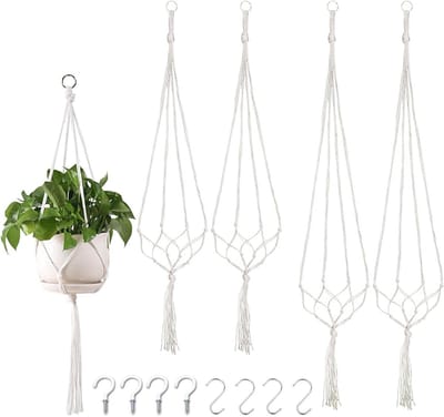SnelShoppen - Set van 4 Macrame Plant Hangers, Hangende Plantenhouder, 80cm/100cm, Voor Binnen en Buiten, Inclusief 4 Haken, Decoratie voor Thuis, Tui