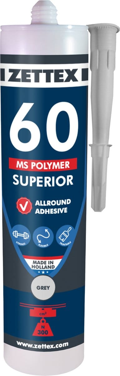Zettex MS60 Polymeerkit Superior - Montagekit – Lijmkit – Afdichtkit - Binnen & Buiten - 290ml - Grijs