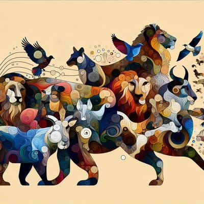 Abstract dieren schilderij | Geabstraheerde fauna in een kunstzinnig spektakel van kleuren | Kunst - 60x60 centimeter op Dibond | Foto op Dibond