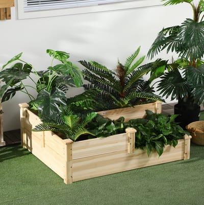 MEUNIQ Moestuinbak 108 x 88 x 36 cm, 3-laagse plantenbak van hout met open bodem, kruidentrap voor kruiden, groenten en bloemen voor tuin en balkon, naturel