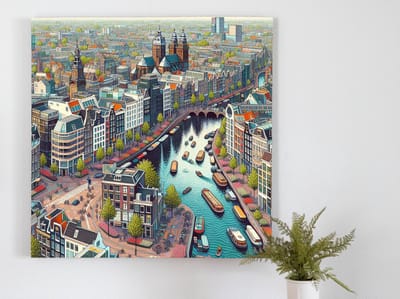 Modern amsterdam schilderij | Levendige stadsgezichten: Hedendaagse interpretaties van het Amsterdamse stadsleven | Kunst - 60x60 centimeter op Forex | Foto op Forex