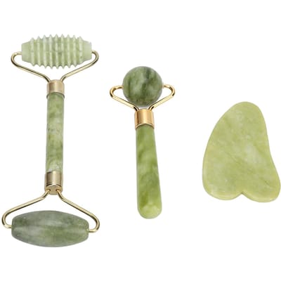 3pcs Rouleau Visage Jade Portable Lifting de la Peau Raffermissant Beauté Planche Guasha Ensemble Rouleau de Massage Visage
