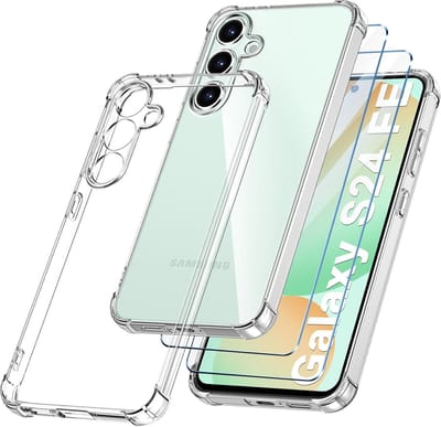 Hoesje geschikt voor Samsung Galaxy S24 FE Hoesje transparant - Anti Shock silicone hoesje Galaxy S24 FE case met 2 Pack Screenprotector tempered glass voor Samsung S24 FE