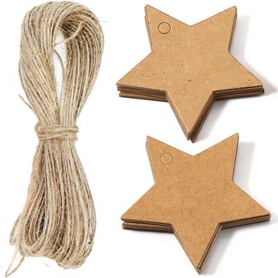 Dailygoods- Cadeaulabels 100 stuks - Stervormige Hangers - Kraftpapier Etiketten - Jute Koord - Herbruikbaar - 6 cm x 6 cm - Geschenkaanhangers