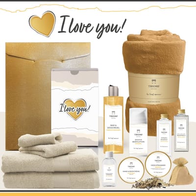 Geschenkset “I Love You!” - 13 producten - 2000 gram | Triomf Original - Giftset voor haar Cadeau Valentijnsdag Luxe wellness cadeaubox Vrouw Ik hou van jou Cadeaupakket Kerst Geschenk Moeder Verjaardag Gift Set Valentijn Vriendin Crème Okergeel