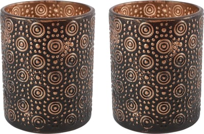 Countryfield Luxe theelichthouder - 2x stuks - Fantasy - glas - zwart/brons - D7 x H8 cm