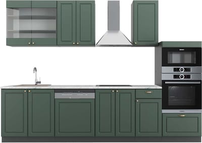 Vicco Fame-Line Complete keukeneenheid – 300 cm met hoge kast, WB Marmer Groen-Goud Landhuis/Antraciet