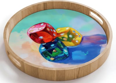 Dienblad rond 40x40 cm - Schootdienblad hout - Dobbelstenen - Kleurrijk - Getallen - Stipjes - Borrelplank rechthoek - Plateau houten dienbladen