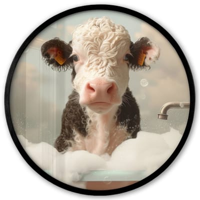 Poster in lijst Rond - Fotolijst 40x40 cm - Posters - Kalf - Koe - Bad - Schuim - Dieren - Ronde posterlijst zwart - Decoratie - Wanddecoratie woonkamer - Muurdecoratie slaapkamer