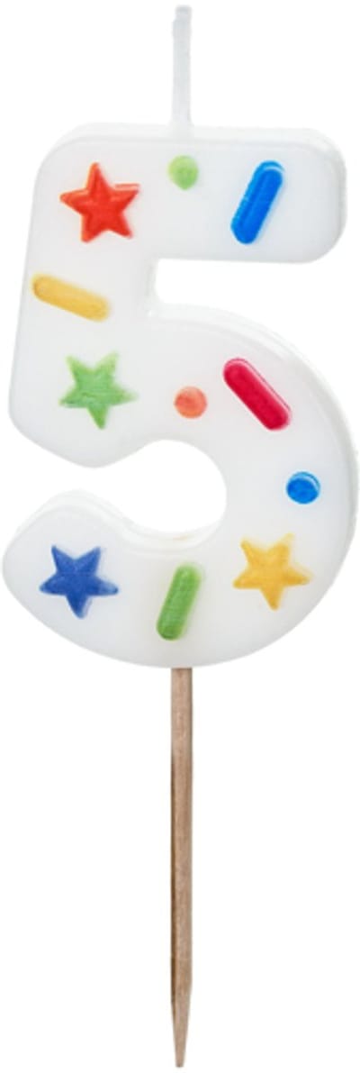 Cijferkaars 5 - Vrolijke confetti print - Taartkaars nummer 5 - Geschikt voor taart, cupcake, etc