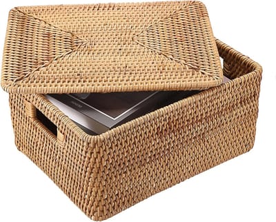 Rieten Opbergmand met Deksel voor Badkamer, Keuken en Woonkamer - Multifunctionele Wicker Opbergdoos voor Planken en Tafels (M)