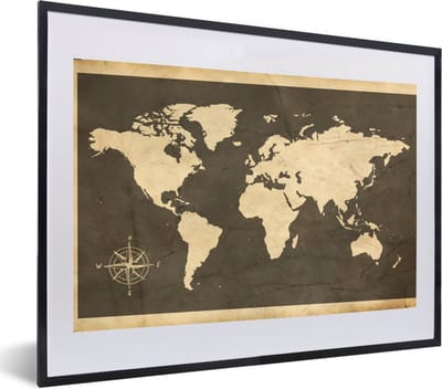 Poster in lijst - Fotolijst 60x40 cm - Posters - Wereldkaart - Hout - Vintage - Posterlijst zwart - Decoratie - Wanddecoratie woonkamer - Muurdecoratie slaapkamer
