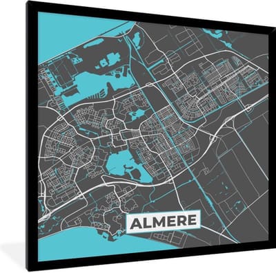 Fotolijst incl. Poster - Stadskaart - Almere - Grijs - Blauw - 40x40 cm - Posterlijst - Plattegrond