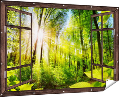 Gards Tuinposter Doorkijk Weg Omringd met Bomen in het Bos - 180x120 cm - Tuindoek - Tuindecoratie - Wanddecoratie buiten - Tuinschilderij