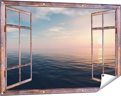 Gards Tuinposter Doorkijk Zee Water tijdens Zonsondergang - 120x80 cm - Tuindoek - Tuindecoratie - Wanddecoratie buiten - Tuinschilderij
