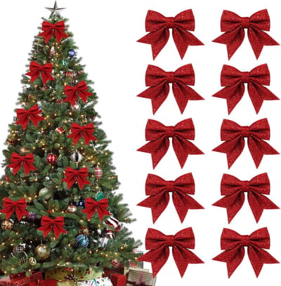 10 x rode strikken - Kerstmis glitter - kerstdecoratie -kerst hangers - kerstversiering - hangende ornamenten -voor kerstboom、kerstfeest ( 15 x 12 cm)